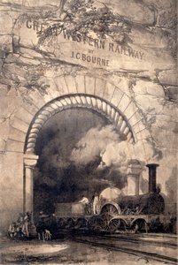 ブリストル近くのトンネルから浮上しているAcheron 2-2-2機関車、1846年の偉大な西部鉄道の歴史と解説の前線 作： John Cooke Bourne
