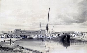 1837年4月、リージェンツ運河に架かる橋（ペンとインクで紙の上を洗う） 作： John Cooke Bourne