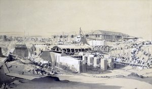 1837年4月26日、カムデンタウンのステーショナリーエンジンハウスの建設（ペンとインク、紙に洗う） 作： John Cooke Bourne