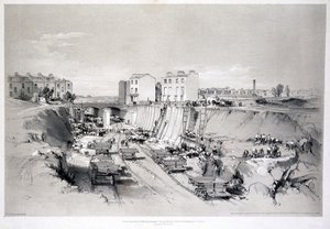 カムデンタウンのパークストリートに擁壁を建設、1836年 作： John Cooke Bourne