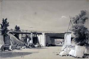 道路からのデンビーホールブリッジ、1837年6月25日（ペンとインク、紙に洗う） 作： John Cooke Bourne