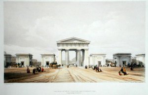 ユーストングローブ駅のエントランス・ポルティコ（John Britton著「Drawings of the London and Birmingham Railway」より、1838年発行のカラーリトグラフ版） 作： John Cooke Bourne