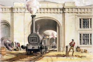 1839年にアーティストによって刻まれたカムデンタウンの機関車エンジンハウスへの入り口 作： John Cooke Bourne