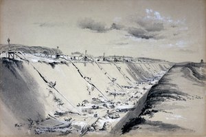 1837年6月19日、ハートフォードシャー州トリングカッティングでの馬の走り（ペンとインク、紙で洗う） 作： John Cooke Bourne