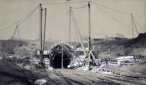 1837年4月のプリムローズヒルトンネル（ペンとインク、紙の上で洗う） 作： John Cooke Bourne