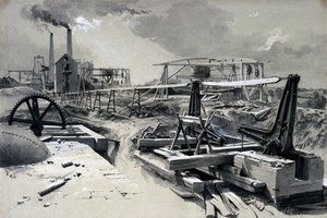 1837年7月15日、ノーザンプトンシャー、キルスビートンネル、ポンプ、換気シャフト（ペンとインク、紙に洗う） 作： John Cooke Bourne