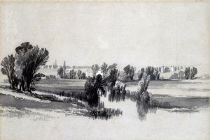 1839年5月、コベントリー近郊のソウ川（ペン、インク、紙で洗う） 作： John Cooke Bourne