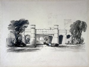 1839年4月、ウォリックシャーの道路から見たラグビー鉄道橋（ペンとインクで紙に洗う） 作： John Cooke Bourne