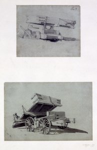 1830年代にワゴンを転倒させる請負業者の2つの例（ペンとインク、紙で洗う） 作： John Cooke Bourne