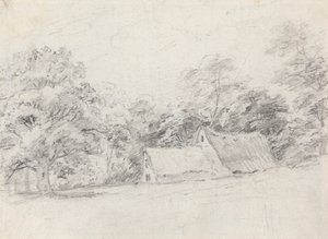 木々の間の 2 つの建物 作： John Crome
