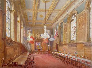 1880年、ロンドン、アッパー・テムズ・ストリートのヴィントナーズ・ホールの内部 作： John Crowther
