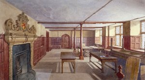 1885年、ロンドンのチャーターハウスの男子用ダイニングルームの内観。                                