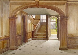 1887 年、ロンドン、パットニー、ハイ ストリートのフェアファックス ハウスの階段を示す内部ビュー 作： John Crowther