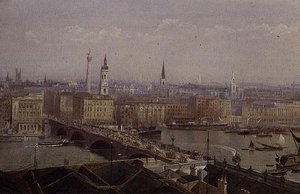 モニュメントが見えるロンドンブリッジ 作： John Crowther