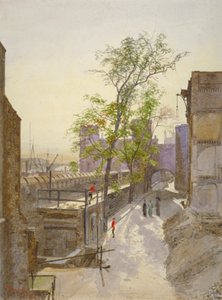 1883年、ロンドンのステップニーにあるロンドン塔のクレイドル・タワーから西を見る貯蔵室の眺め 作： John Crowther