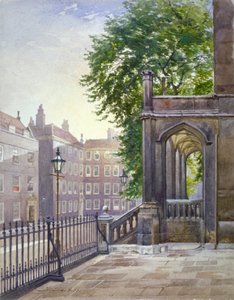 1886年、ロンドンのサウス・スクエアにあるグレイズ・イン・ホールの入り口の様子。                   作： John Crowther