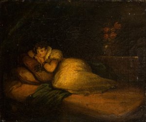 ベッドの上の女性のいるインテリア、1780年。 作： John Daniel Bond
