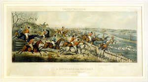 ヘンリー・アルケン（1785-1851）が刻印した『レスターシャーズ』（1825年）の「スタートのための闘争」（カラーエングレーヴィング 作： John Dean (after) Paul