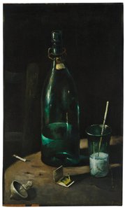 ボトルとガラスのある静物（キャンバスボードに油彩） 作： John Decker