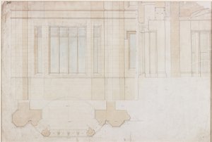 ホルムエデンの窓のデザイン（ペンとインク、紙に（青と茶色）を洗って）