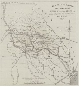 1864年11月と12月、アトランタからサバンナまでのジョージア州を通るシャーマン将軍の3月を示す地図
