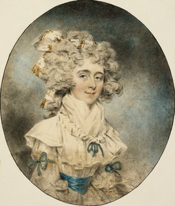 青いリボンで飾られた白いドレスを着たフィッシャー夫人の肖像画、1788年 作： John Dowman