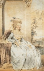 女王シャーロットの肖像、向こうの風景のあるテーブルに座った、1784 作： John Dowman