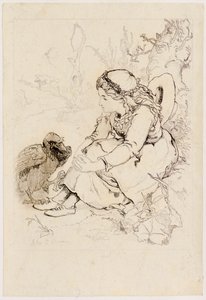 着席の女の子と大きな鳥（エッチング） 作： John Duncan