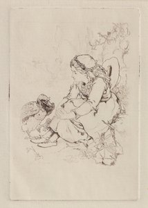 座っている少女と大きな鳥（銅版画