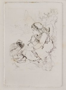 座っている少女と大きな鳥（銅版画 作： John Duncan