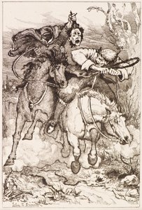 二人のギャロッピング・ホースメン［一人は自分の首を持っている］（銅版画 作： John Duncan