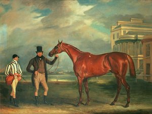 1835年、トレーナーが栗の競走馬を抱えており、騎手J.ホームズがエイントリー競馬場で待機しているシャス将軍