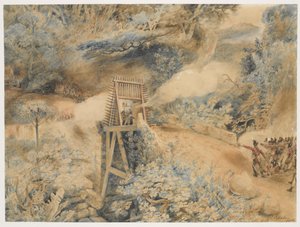 橋頭堡でフランス軍に砲撃する西インド第3連隊（1809年4月、イル・ド・カブレまたはテール・ダン・オーにて）（紙に水彩画