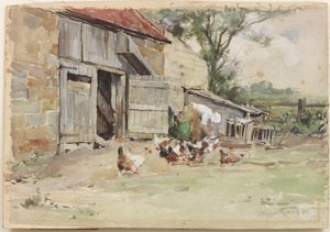 鶏の餌やり、1909年（紙にトイレ） 作： John Edgar Mitchell