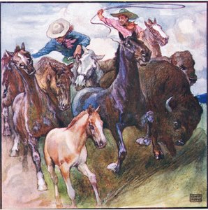 彼は去って行った - 野生の水牛 - 野生の馬と野生の猟師 (色リソ) 作： John Edwin Noble