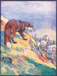 Raphael Tuck & Sons Ltd.発行の「Animal Legends from Many Lands」の「The Fox and His Foolish Fear」のイラスト「He Perceived the Train of Patient Mules」 作： John Edwin Noble