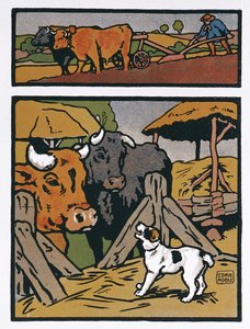 ジャン・ド・ラ・フォンテーヌ（1621-95）の「寓話」からの犬と牛のイラスト（カラー彫刻） 作： John Edwin Noble