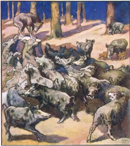 切り株の中央に大きな灰色のオオカミが立っていた (色リソ) 作： John Edwin Noble