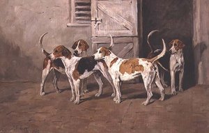 厩舎のドアのそばにいる4匹の猟犬 作： John Emms