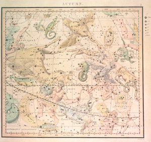 Mapa celeste: Outono, mostrando os signos do zodíaco e as posições das estrelas (gravura) 作： John Emslie