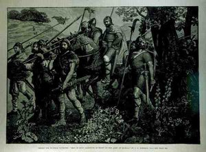 ウィンザータペストリーのデザイン：1882年4月29日、イラストレイテッドロンドンニュースより、ハロルド軍の前で行進するケントの男性