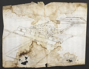 追加。 78610（i）北西からの庭、洞窟、周辺を備えたウォットンの展望、1650年頃（紙にペンとインク） 作： John Evelyn