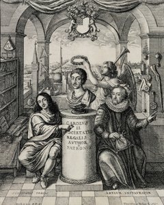 王立協会の守護神としてのチャールズ2世（1630〜85年）、ヴァーツラフホラー（1607〜77年）によって1667年に彫刻 作： John Evelyn
