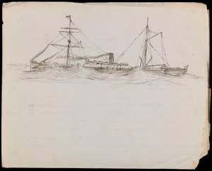PAH1228; 戦艦と他の2隻の英国海軍艦艇のスケッチ（ドローイング） 作： John Everett