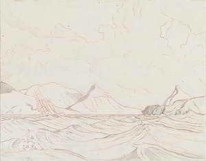 陸地を通過する船のある海景（1）、20世紀初頭（黒鉛、茶色のクレヨン） 作： John Everett