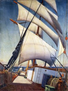 1920年4月から6月にかけて、ブリストルからテキサス州サビーン・パス（アメリカ合衆国）へ旅行中の「バークデール」橋。紙に油彩 作： John Everett