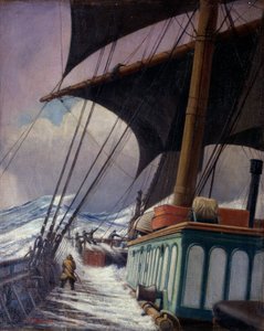 1920年4月から6月にかけて、ブリストルからテキサス州サビーン・パス（アメリカ合衆国）までの航海中、暴風雨の中で行われた帆の操船。 作： John Everett