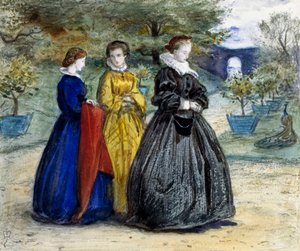 「スコットランド女王メアリー・スチュアート(1542-1587)またはスコットランド女王メアリー1世とその従者。ジョン・エヴァレット・ミレイ（1829-1896）（前グラファイト）作