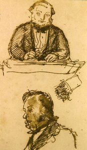 The Auctioneer（紙にペンとインク） 作： John Everett Millais