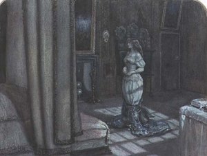 聖アグネスの前夜祭。セブンオークス近郊クノールのインテリア（紙に水彩） 作： John Everett Millais